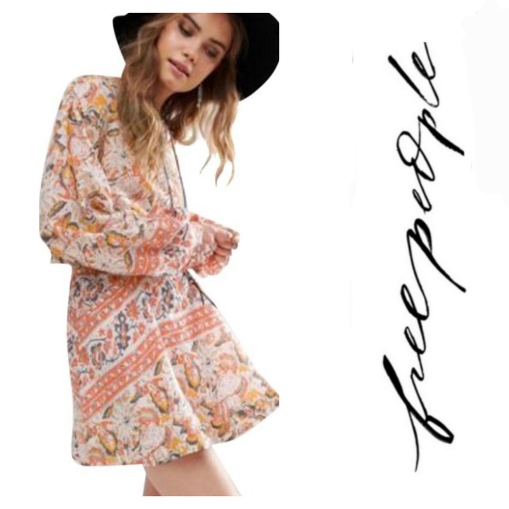 Free People NEW Sun Printed Cream Orange Sun Mini Dress Size Small